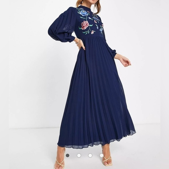 ASOS Dresses & Skirts - ASOS Designhighneck pleated long sleeve skater maxi dress embroidery navy